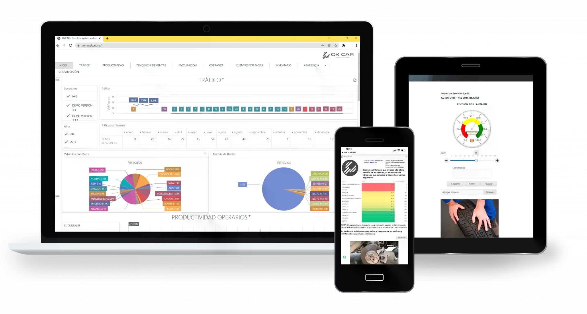 imagen del software para talleres mecanicos okcar en varios dispositivos: computadora, tablet y celular