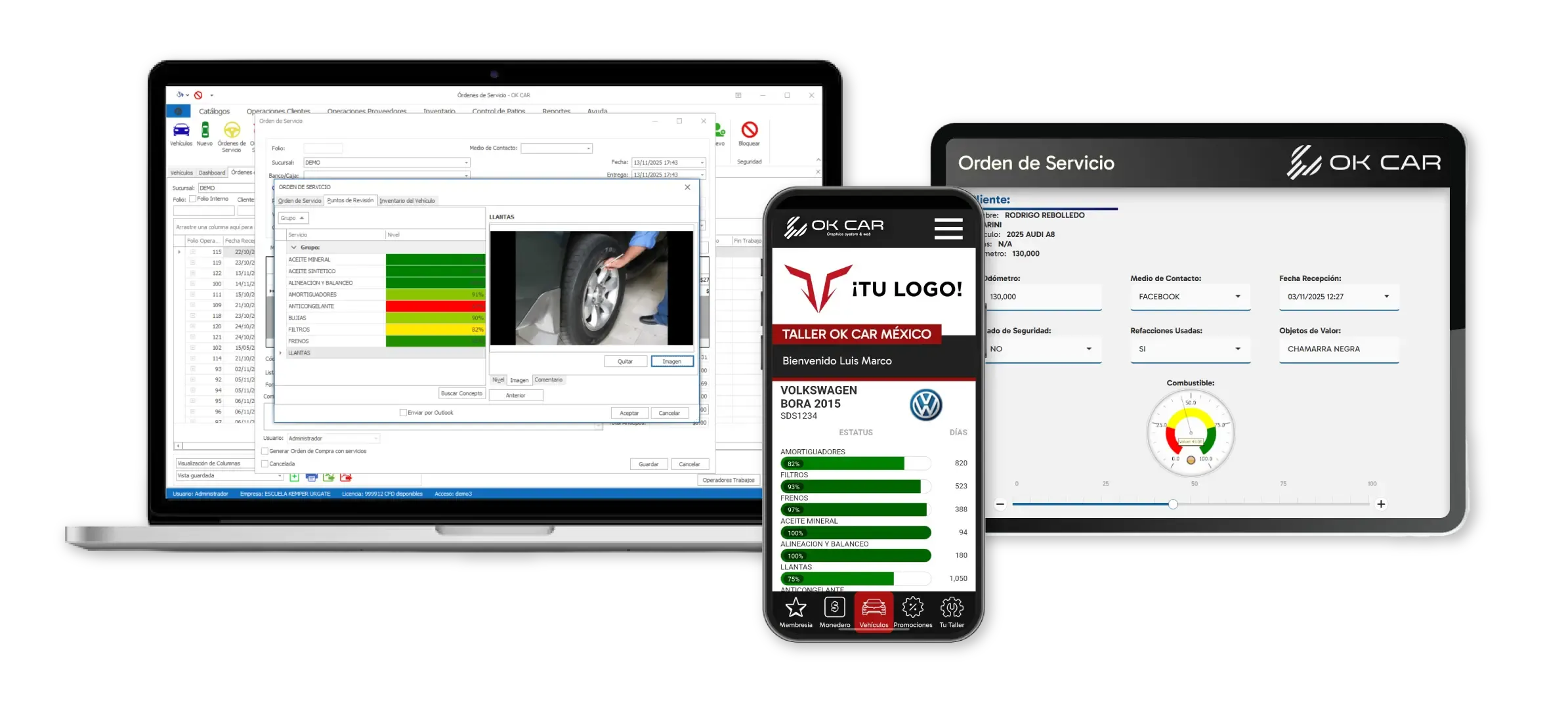 imagen del software para talleres mecanicos okcar en varios dispositivos: computadora, tablet y celular